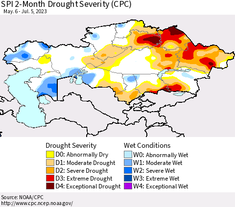 Kazakhstan SPI 2-Month Drought Severity (CPC) Thematic Map For 5/6/2023 - 7/5/2023