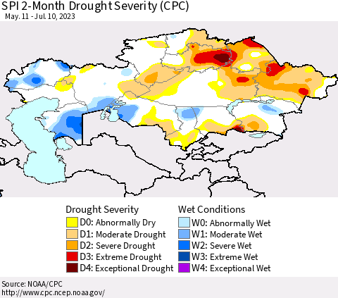 Kazakhstan SPI 2-Month Drought Severity (CPC) Thematic Map For 5/11/2023 - 7/10/2023