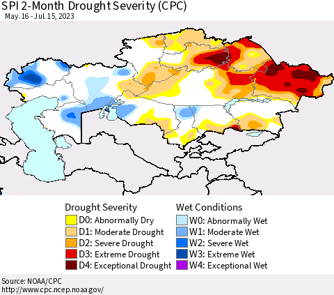 Kazakhstan SPI 2-Month Drought Severity (CPC) Thematic Map For 5/16/2023 - 7/15/2023