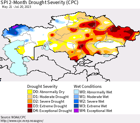 Kazakhstan SPI 2-Month Drought Severity (CPC) Thematic Map For 5/21/2023 - 7/20/2023