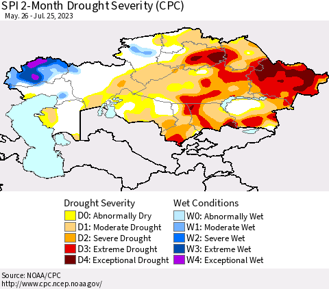 Kazakhstan SPI 2-Month Drought Severity (CPC) Thematic Map For 5/26/2023 - 7/25/2023