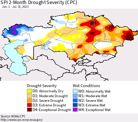 Kazakhstan SPI 2-Month Drought Severity (CPC) Thematic Map For 6/1/2023 - 7/31/2023