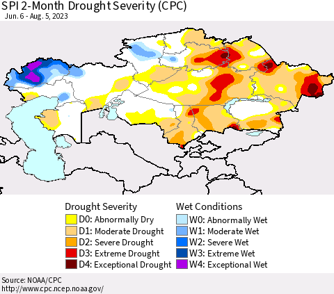 Kazakhstan SPI 2-Month Drought Severity (CPC) Thematic Map For 6/6/2023 - 8/5/2023