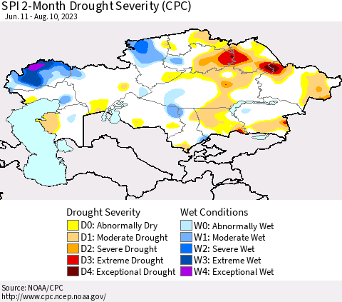 Kazakhstan SPI 2-Month Drought Severity (CPC) Thematic Map For 6/11/2023 - 8/10/2023