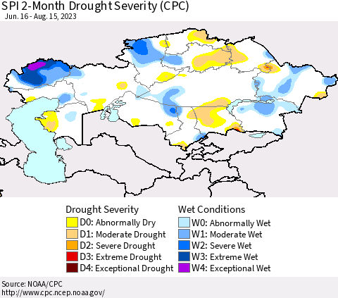 Kazakhstan SPI 2-Month Drought Severity (CPC) Thematic Map For 6/16/2023 - 8/15/2023