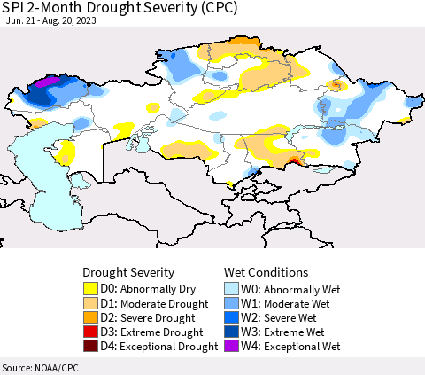 Kazakhstan SPI 2-Month Drought Severity (CPC) Thematic Map For 6/21/2023 - 8/20/2023