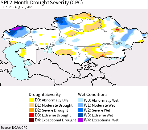Kazakhstan SPI 2-Month Drought Severity (CPC) Thematic Map For 6/26/2023 - 8/25/2023