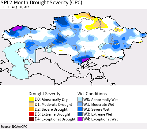 Kazakhstan SPI 2-Month Drought Severity (CPC) Thematic Map For 7/1/2023 - 8/31/2023