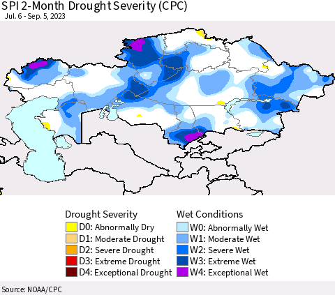 Kazakhstan SPI 2-Month Drought Severity (CPC) Thematic Map For 7/6/2023 - 9/5/2023