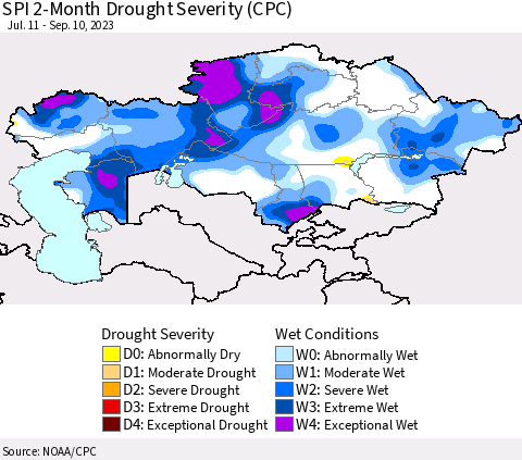Kazakhstan SPI 2-Month Drought Severity (CPC) Thematic Map For 7/11/2023 - 9/10/2023