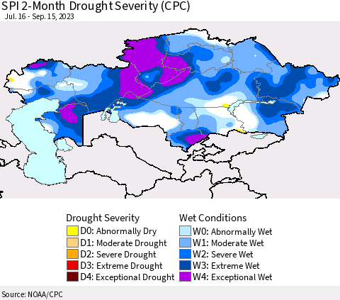 Kazakhstan SPI 2-Month Drought Severity (CPC) Thematic Map For 7/16/2023 - 9/15/2023
