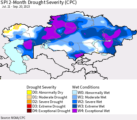 Kazakhstan SPI 2-Month Drought Severity (CPC) Thematic Map For 7/21/2023 - 9/20/2023