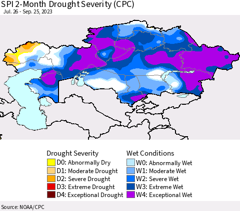 Kazakhstan SPI 2-Month Drought Severity (CPC) Thematic Map For 7/26/2023 - 9/25/2023