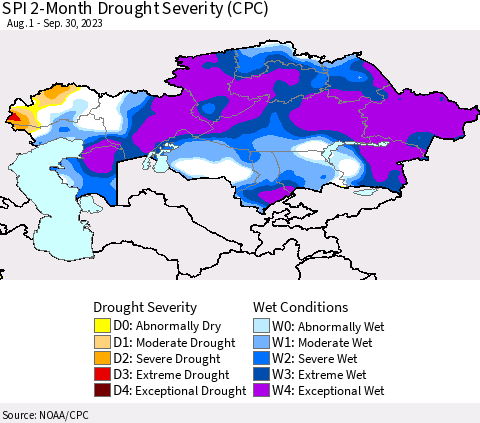 Kazakhstan SPI 2-Month Drought Severity (CPC) Thematic Map For 8/1/2023 - 9/30/2023