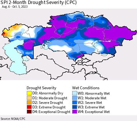 Kazakhstan SPI 2-Month Drought Severity (CPC) Thematic Map For 8/6/2023 - 10/5/2023