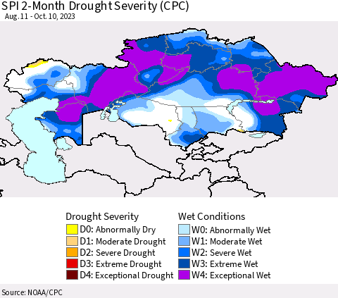 Kazakhstan SPI 2-Month Drought Severity (CPC) Thematic Map For 8/11/2023 - 10/10/2023
