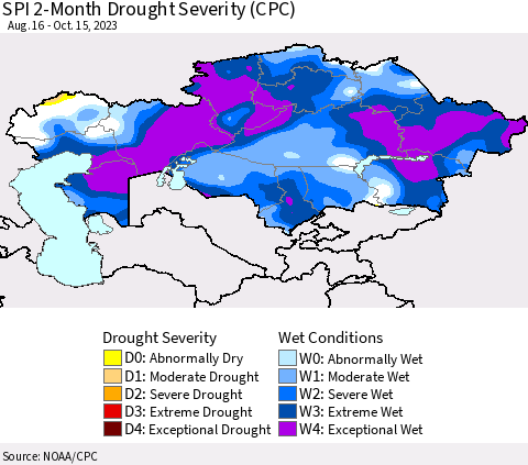 Kazakhstan SPI 2-Month Drought Severity (CPC) Thematic Map For 8/16/2023 - 10/15/2023