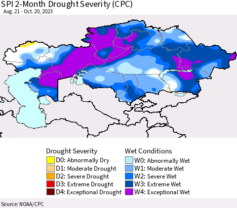 Kazakhstan SPI 2-Month Drought Severity (CPC) Thematic Map For 8/21/2023 - 10/20/2023
