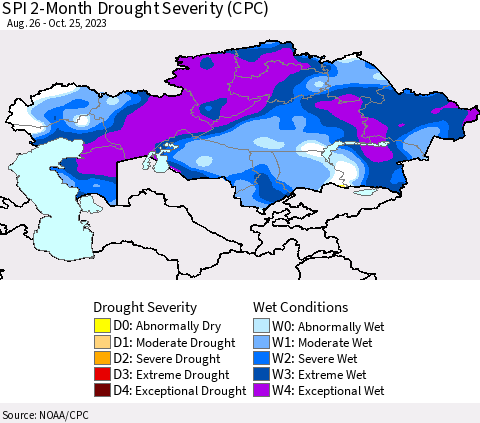 Kazakhstan SPI 2-Month Drought Severity (CPC) Thematic Map For 8/26/2023 - 10/25/2023