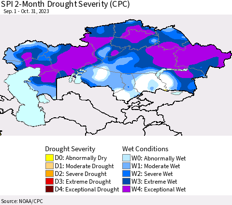 Kazakhstan SPI 2-Month Drought Severity (CPC) Thematic Map For 9/1/2023 - 10/31/2023