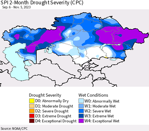 Kazakhstan SPI 2-Month Drought Severity (CPC) Thematic Map For 9/6/2023 - 11/5/2023