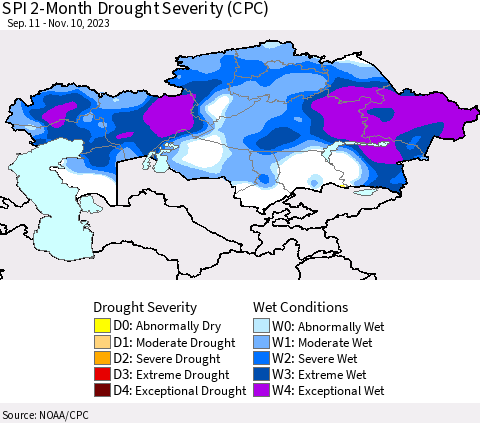 Kazakhstan SPI 2-Month Drought Severity (CPC) Thematic Map For 9/11/2023 - 11/10/2023