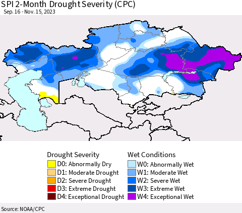 Kazakhstan SPI 2-Month Drought Severity (CPC) Thematic Map For 9/16/2023 - 11/15/2023