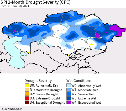 Kazakhstan SPI 2-Month Drought Severity (CPC) Thematic Map For 9/21/2023 - 11/20/2023
