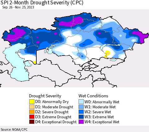 Kazakhstan SPI 2-Month Drought Severity (CPC) Thematic Map For 9/26/2023 - 11/25/2023