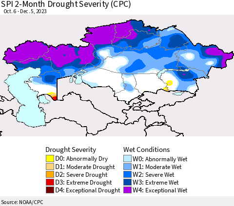 Kazakhstan SPI 2-Month Drought Severity (CPC) Thematic Map For 10/6/2023 - 12/5/2023