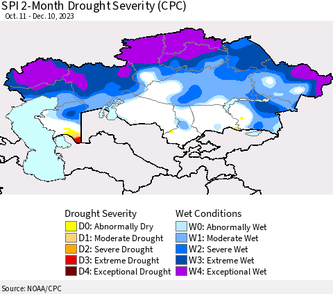 Kazakhstan SPI 2-Month Drought Severity (CPC) Thematic Map For 10/11/2023 - 12/10/2023