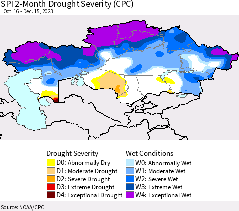 Kazakhstan SPI 2-Month Drought Severity (CPC) Thematic Map For 10/16/2023 - 12/15/2023