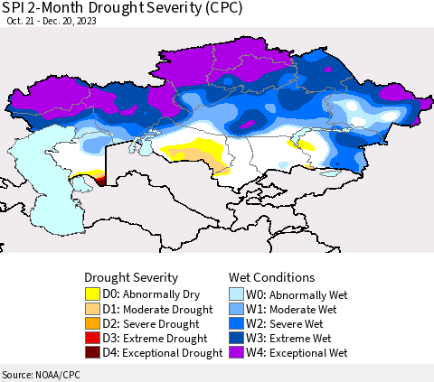Kazakhstan SPI 2-Month Drought Severity (CPC) Thematic Map For 10/21/2023 - 12/20/2023