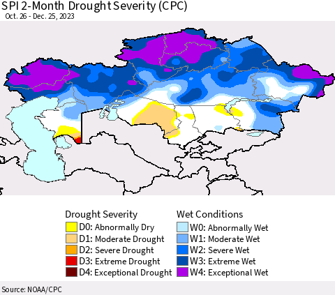 Kazakhstan SPI 2-Month Drought Severity (CPC) Thematic Map For 10/26/2023 - 12/25/2023