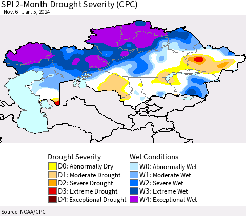 Kazakhstan SPI 2-Month Drought Severity (CPC) Thematic Map For 11/6/2023 - 1/5/2024