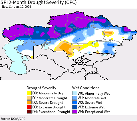 Kazakhstan SPI 2-Month Drought Severity (CPC) Thematic Map For 11/11/2023 - 1/10/2024