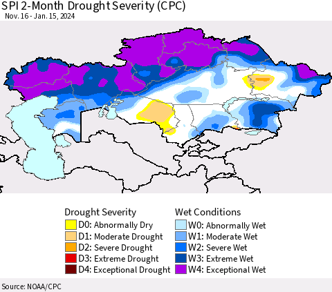 Kazakhstan SPI 2-Month Drought Severity (CPC) Thematic Map For 11/16/2023 - 1/15/2024