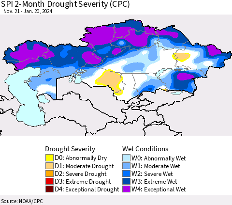 Kazakhstan SPI 2-Month Drought Severity (CPC) Thematic Map For 11/21/2023 - 1/20/2024