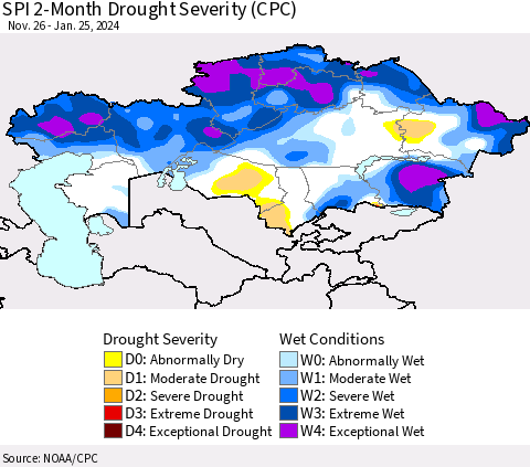 Kazakhstan SPI 2-Month Drought Severity (CPC) Thematic Map For 11/26/2023 - 1/25/2024