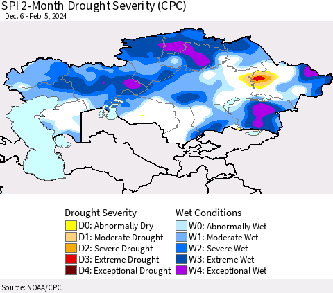 Kazakhstan SPI 2-Month Drought Severity (CPC) Thematic Map For 12/6/2023 - 2/5/2024
