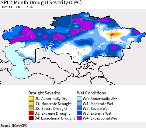 Kazakhstan SPI 2-Month Drought Severity (CPC) Thematic Map For 12/11/2023 - 2/10/2024