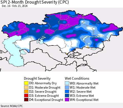 Kazakhstan SPI 2-Month Drought Severity (CPC) Thematic Map For 12/16/2023 - 2/15/2024