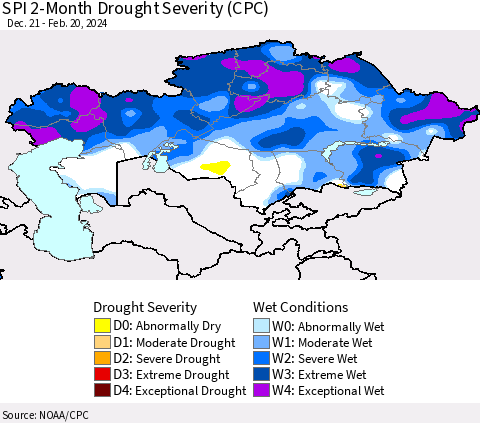 Kazakhstan SPI 2-Month Drought Severity (CPC) Thematic Map For 12/21/2023 - 2/20/2024