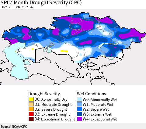 Kazakhstan SPI 2-Month Drought Severity (CPC) Thematic Map For 12/26/2023 - 2/25/2024