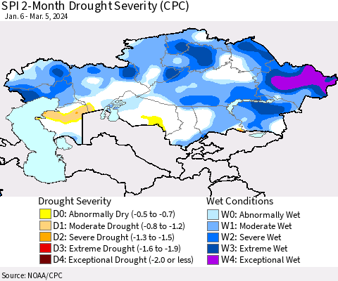 Kazakhstan SPI 2-Month Drought Severity (CPC) Thematic Map For 1/6/2024 - 3/5/2024