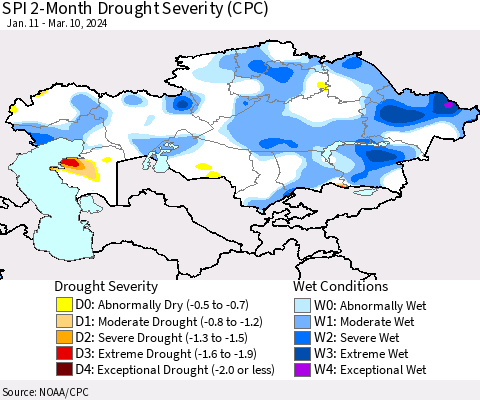 Kazakhstan SPI 2-Month Drought Severity (CPC) Thematic Map For 1/11/2024 - 3/10/2024