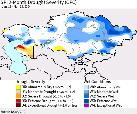 Kazakhstan SPI 2-Month Drought Severity (CPC) Thematic Map For 1/16/2024 - 3/15/2024