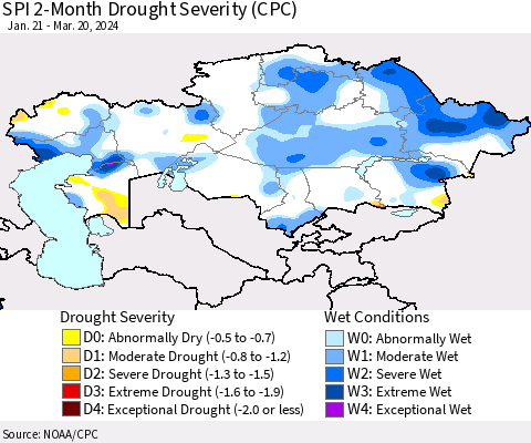 Kazakhstan SPI 2-Month Drought Severity (CPC) Thematic Map For 1/21/2024 - 3/20/2024