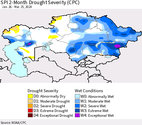 Kazakhstan SPI 2-Month Drought Severity (CPC) Thematic Map For 1/26/2024 - 3/25/2024