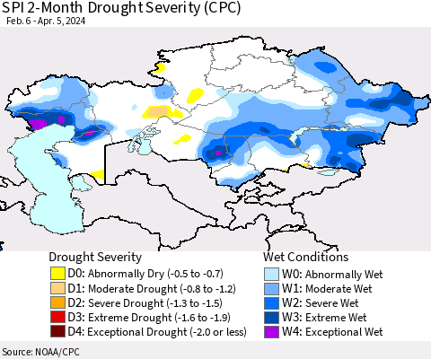 Kazakhstan SPI 2-Month Drought Severity (CPC) Thematic Map For 2/6/2024 - 4/5/2024